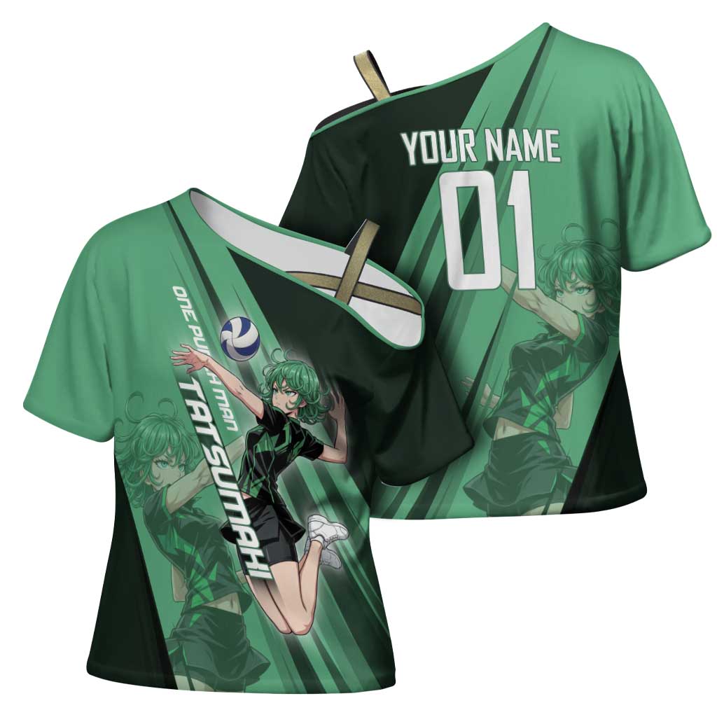 Personalized Tatsumaki Volleyball Design Cross Shoulder Shirt with Green Athletic Theme and Energetic Action Pose