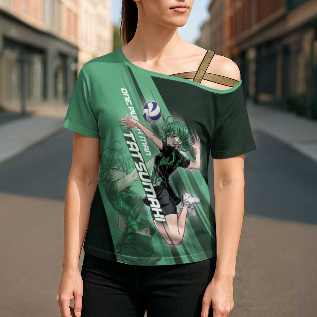 Personalized Tatsumaki Volleyball Design Cross Shoulder Shirt with Green Athletic Theme and Energetic Action Pose