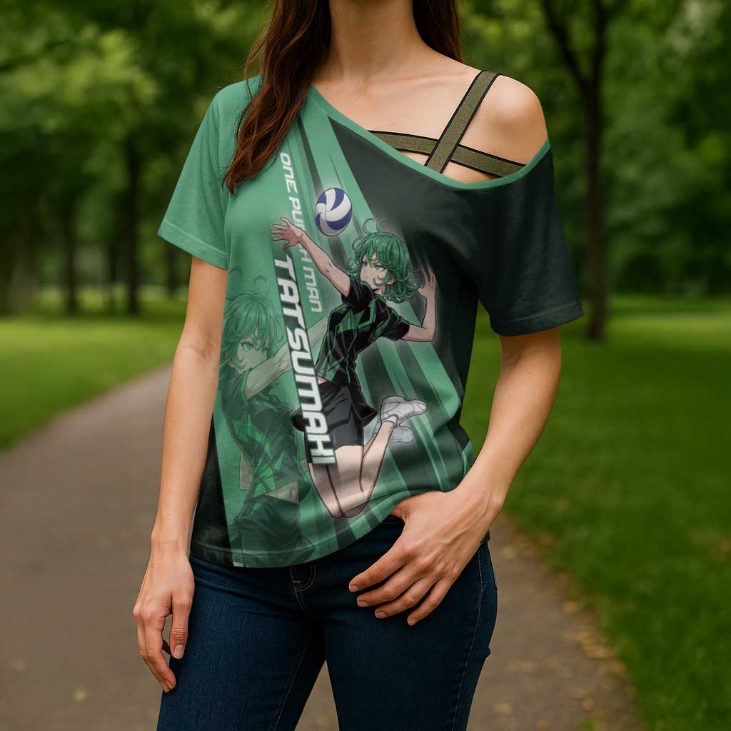 Personalized Tatsumaki Volleyball Design Cross Shoulder Shirt with Green Athletic Theme and Energetic Action Pose