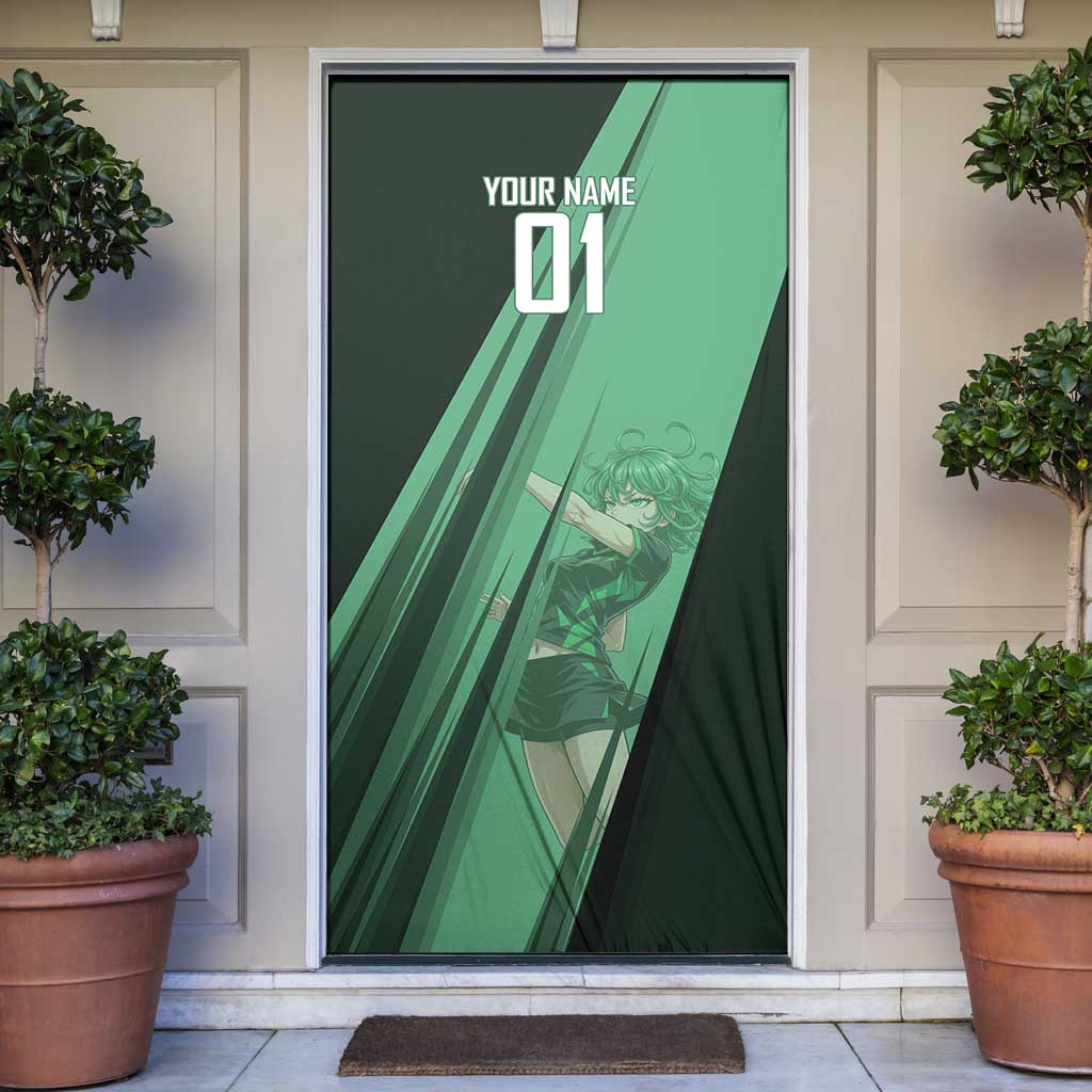 Personalized Tatsumaki Volleyball Design Door Cover with Green Athletic Theme and Energetic Action Pose