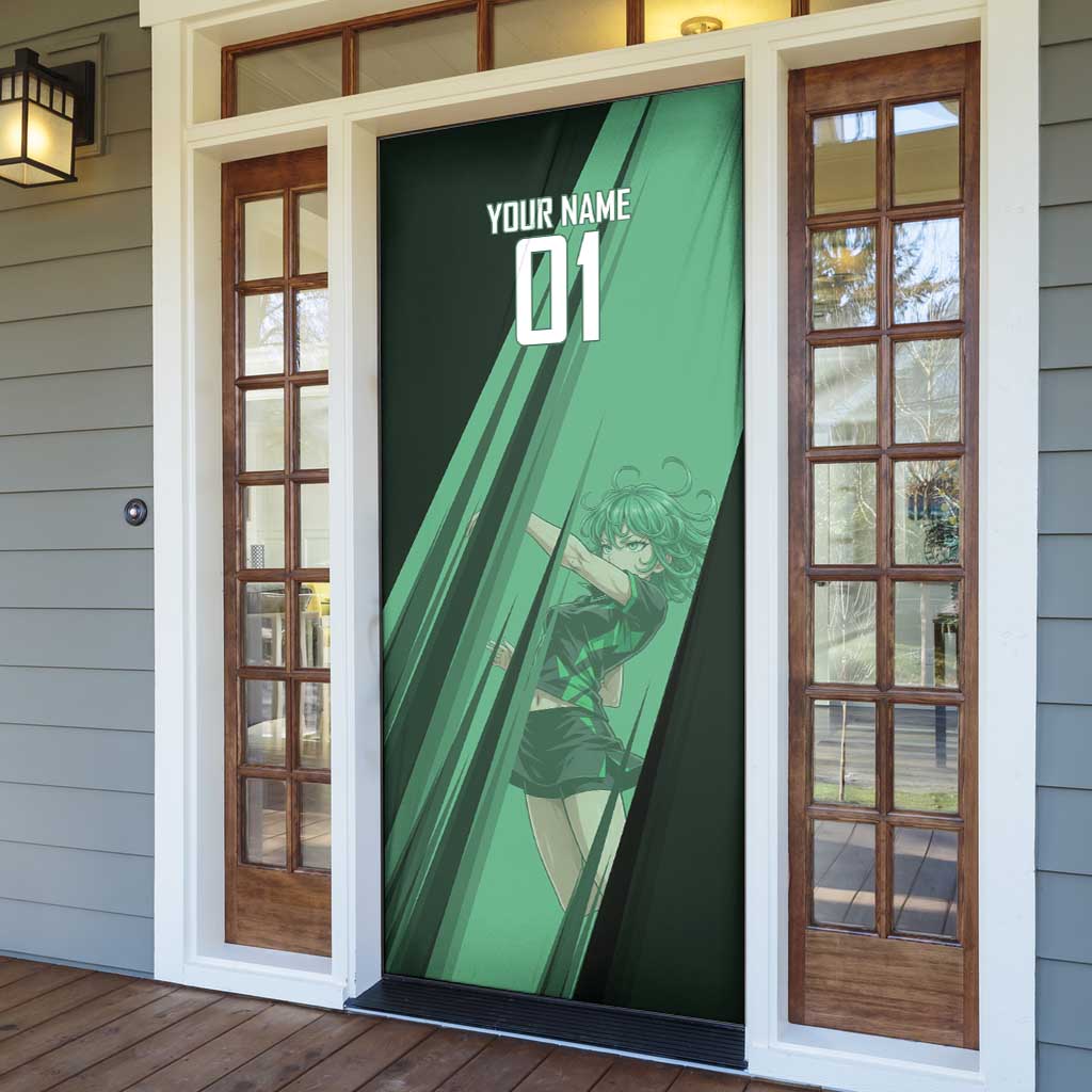 Personalized Tatsumaki Volleyball Design Door Cover with Green Athletic Theme and Energetic Action Pose
