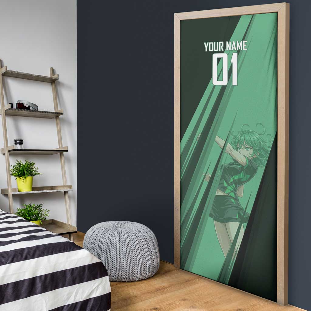 Personalized Tatsumaki Volleyball Design Door Cover with Green Athletic Theme and Energetic Action Pose