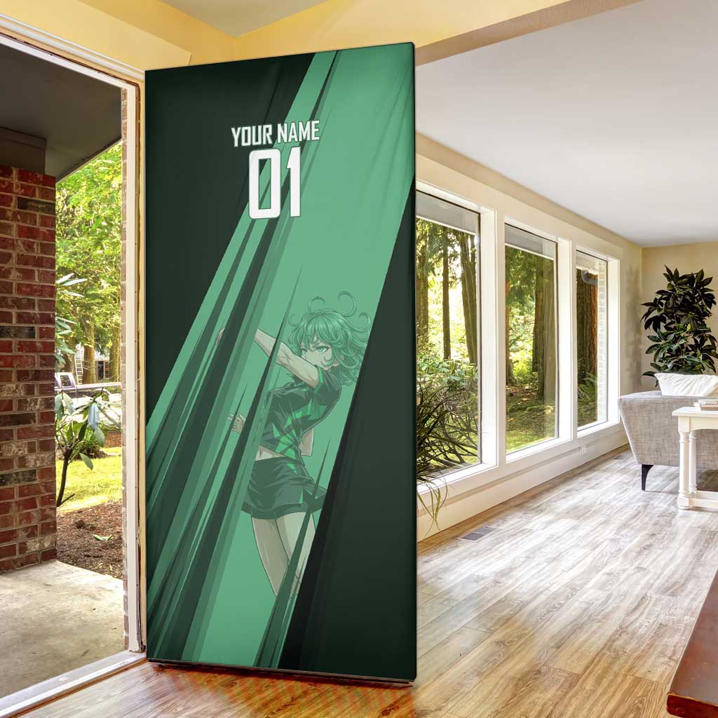 Personalized Tatsumaki Volleyball Design Door Cover with Green Athletic Theme and Energetic Action Pose