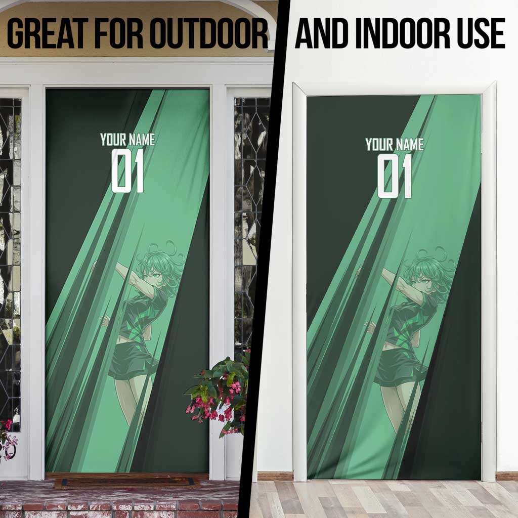 Personalized Tatsumaki Volleyball Design Door Cover with Green Athletic Theme and Energetic Action Pose