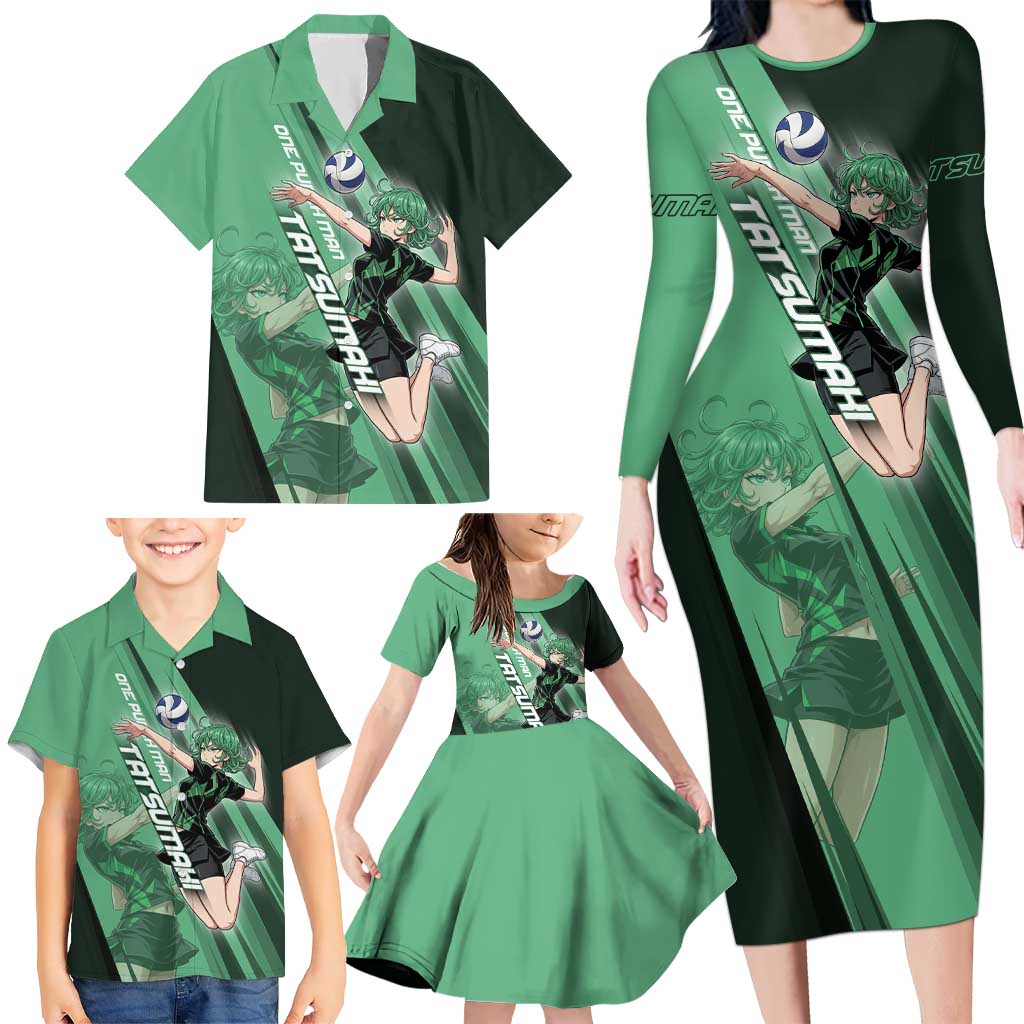 Personalized Tatsumaki Volleyball Design Family Matching Long Sleeve Bodycon Dress and Hawaiian Shirt with Green Athletic Theme and Energetic Action Pose