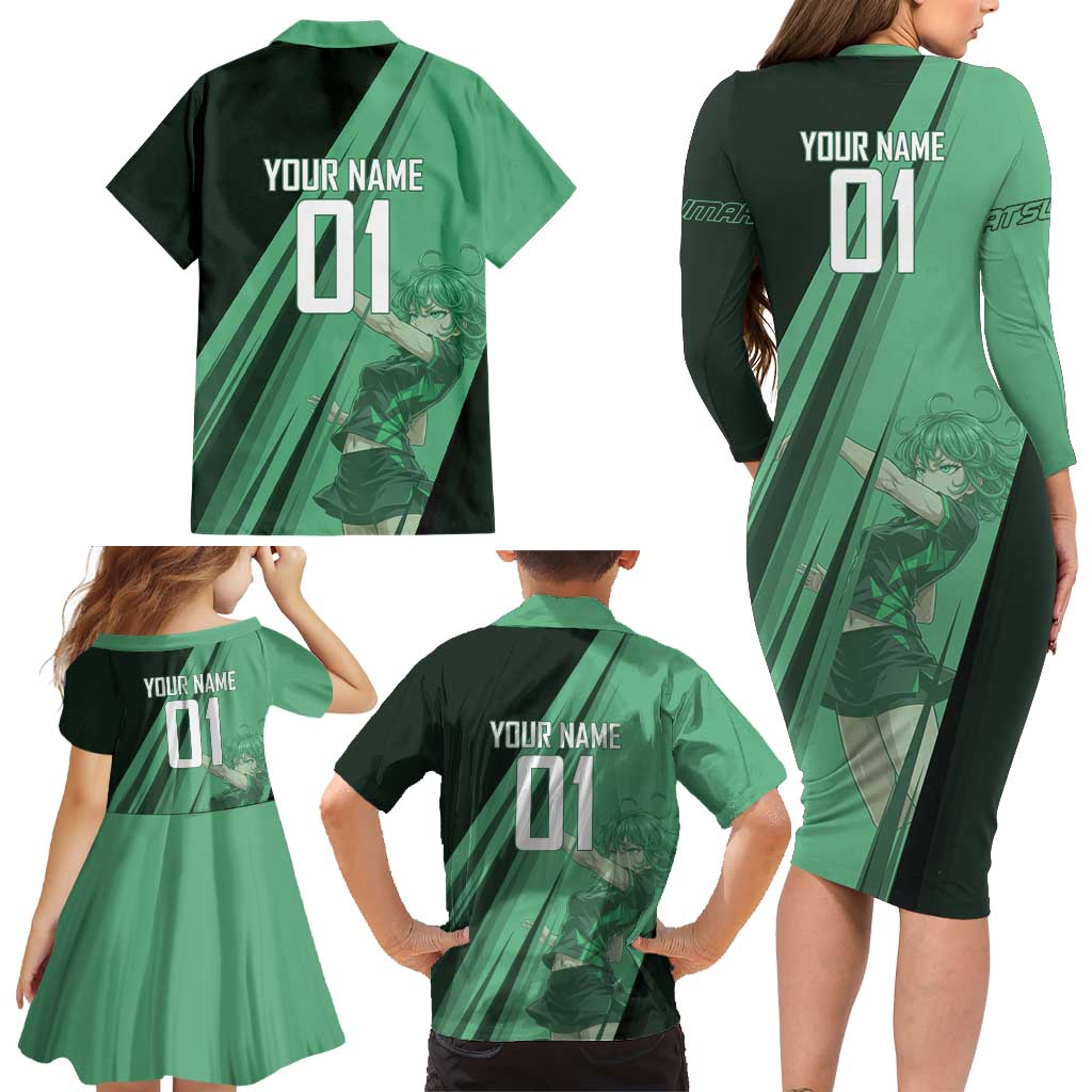Personalized Tatsumaki Volleyball Design Family Matching Long Sleeve Bodycon Dress and Hawaiian Shirt with Green Athletic Theme and Energetic Action Pose
