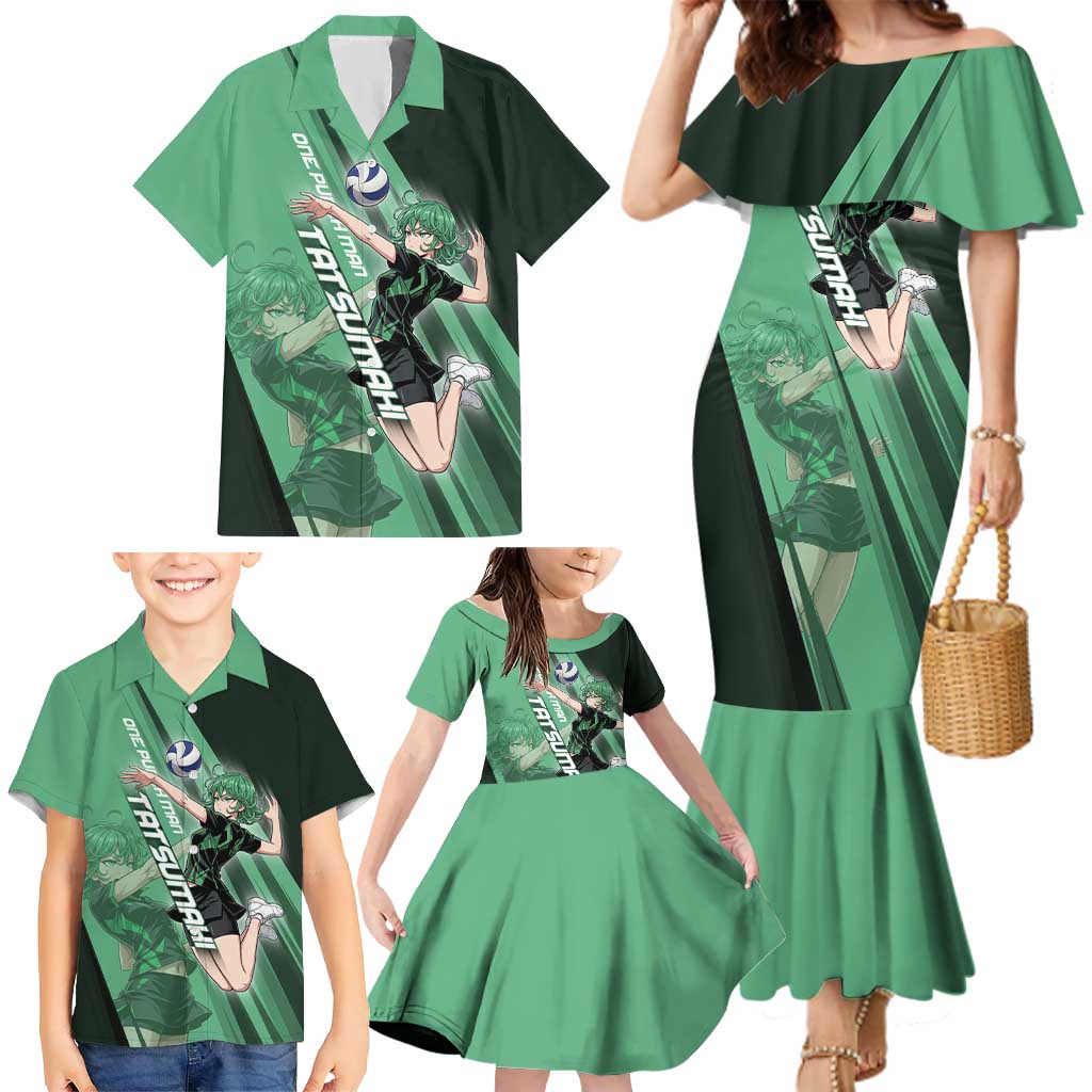 Personalized Tatsumaki Volleyball Design Family Matching Mermaid Dress and Hawaiian Shirt with Green Athletic Theme and Energetic Action Pose
