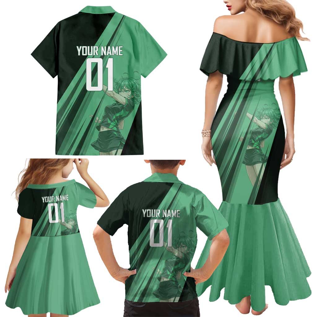 Personalized Tatsumaki Volleyball Design Family Matching Mermaid Dress and Hawaiian Shirt with Green Athletic Theme and Energetic Action Pose