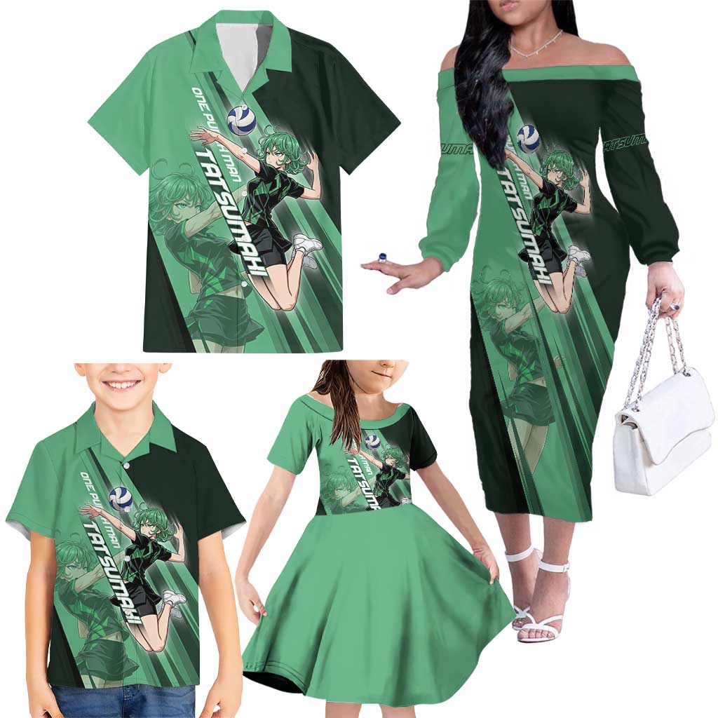 Personalized Tatsumaki Volleyball Design Family Matching Off The Shoulder Long Sleeve Dress and Hawaiian Shirt with Green Athletic Theme and Energetic Action Pose