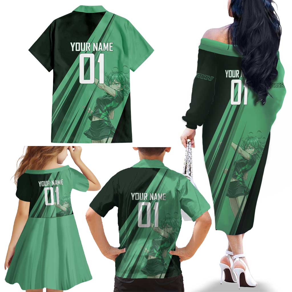 Personalized Tatsumaki Volleyball Design Family Matching Off The Shoulder Long Sleeve Dress and Hawaiian Shirt with Green Athletic Theme and Energetic Action Pose