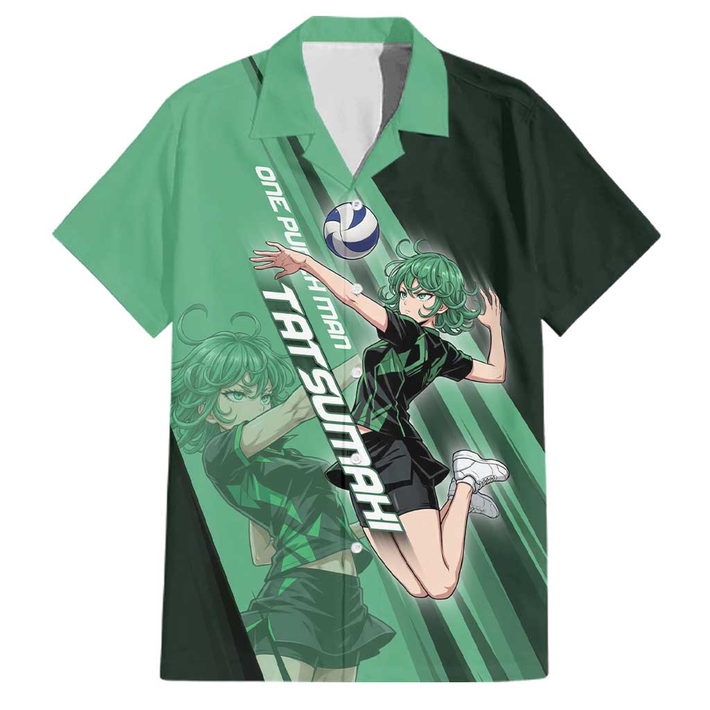 Personalized Tatsumaki Volleyball Design Family Matching Off The Shoulder Long Sleeve Dress and Hawaiian Shirt with Green Athletic Theme and Energetic Action Pose
