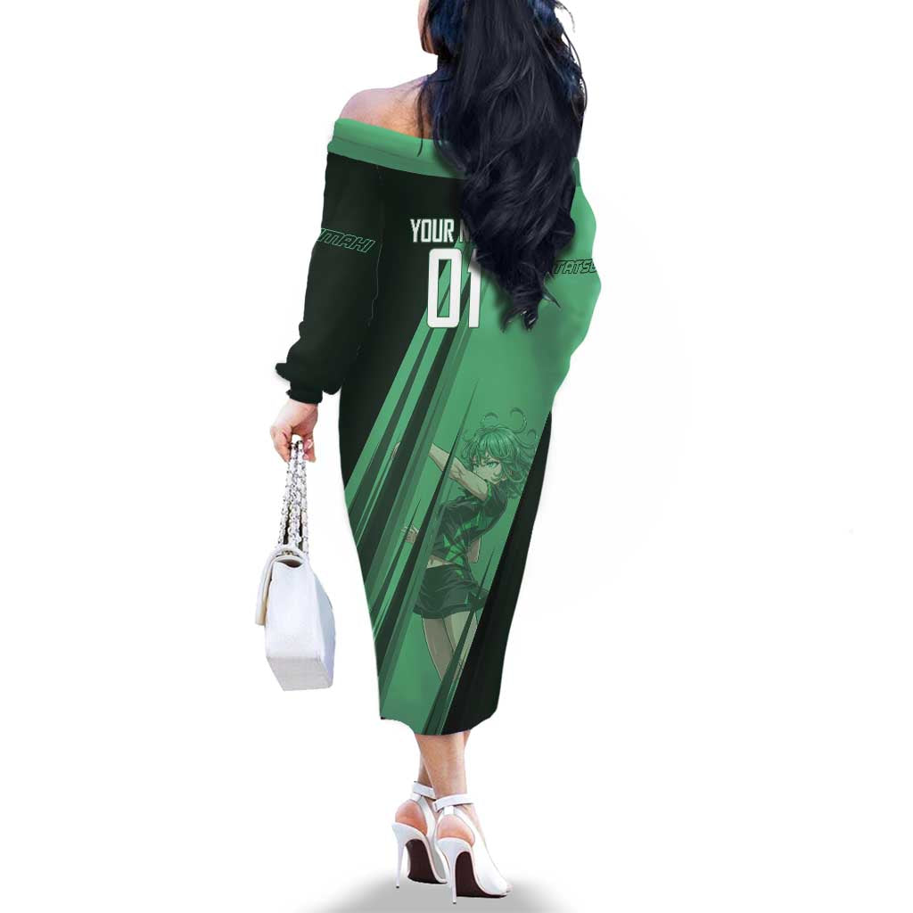 Personalized Tatsumaki Volleyball Design Family Matching Off The Shoulder Long Sleeve Dress and Hawaiian Shirt with Green Athletic Theme and Energetic Action Pose