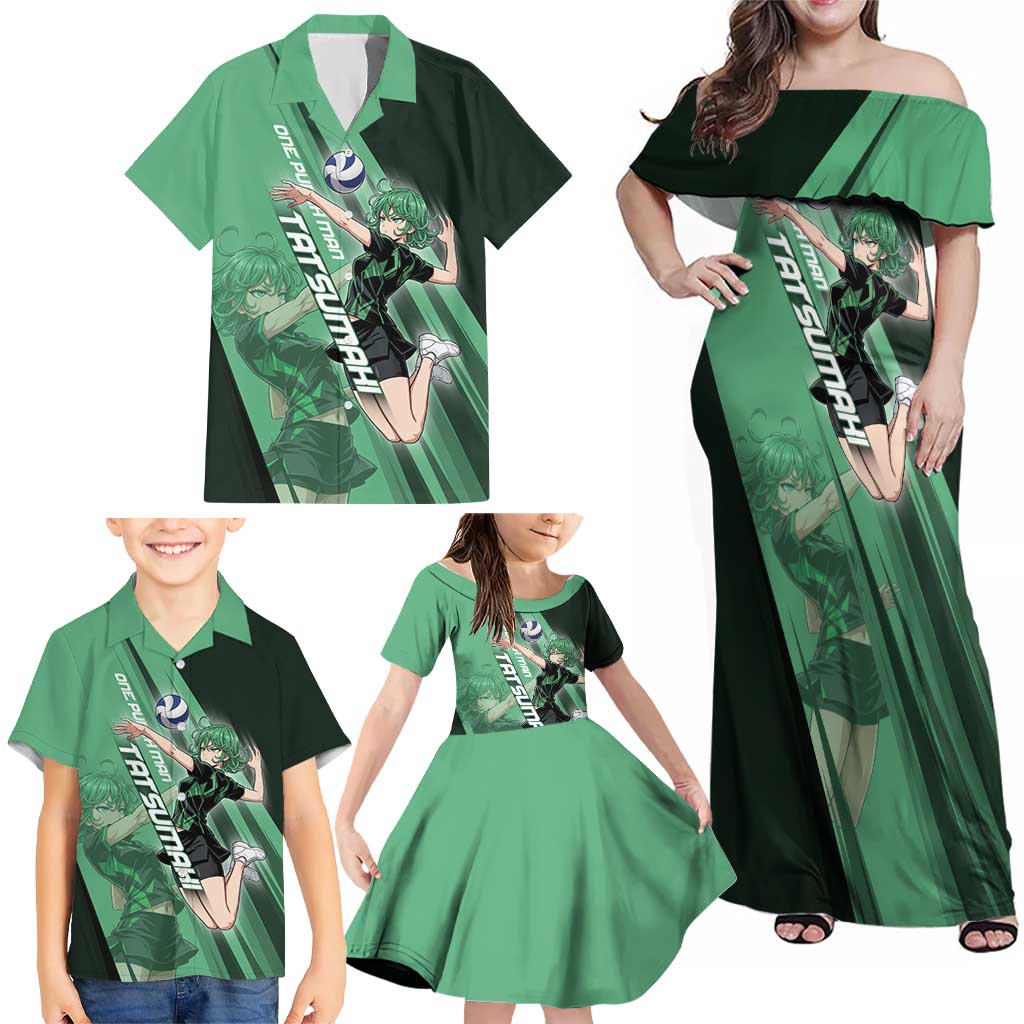 Personalized Tatsumaki Volleyball Design Family Matching Off Shoulder Maxi Dress and Hawaiian Shirt with Green Athletic Theme and Energetic Action Pose