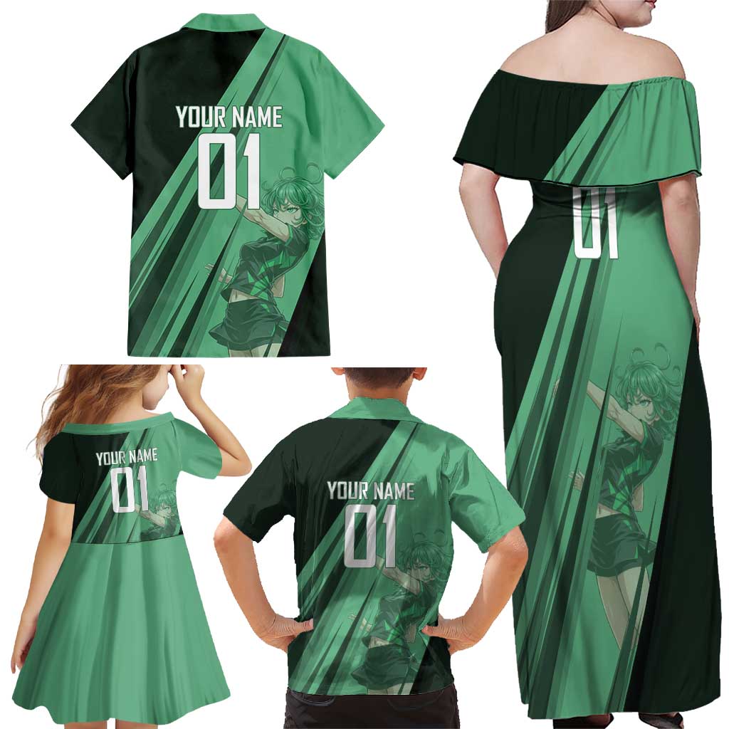 Personalized Tatsumaki Volleyball Design Family Matching Off Shoulder Maxi Dress and Hawaiian Shirt with Green Athletic Theme and Energetic Action Pose