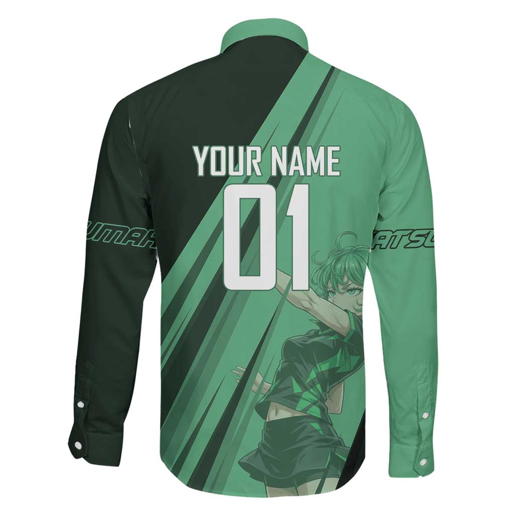 Personalized Tatsumaki Volleyball Design Family Matching Off Shoulder Maxi Dress and Hawaiian Shirt with Green Athletic Theme and Energetic Action Pose