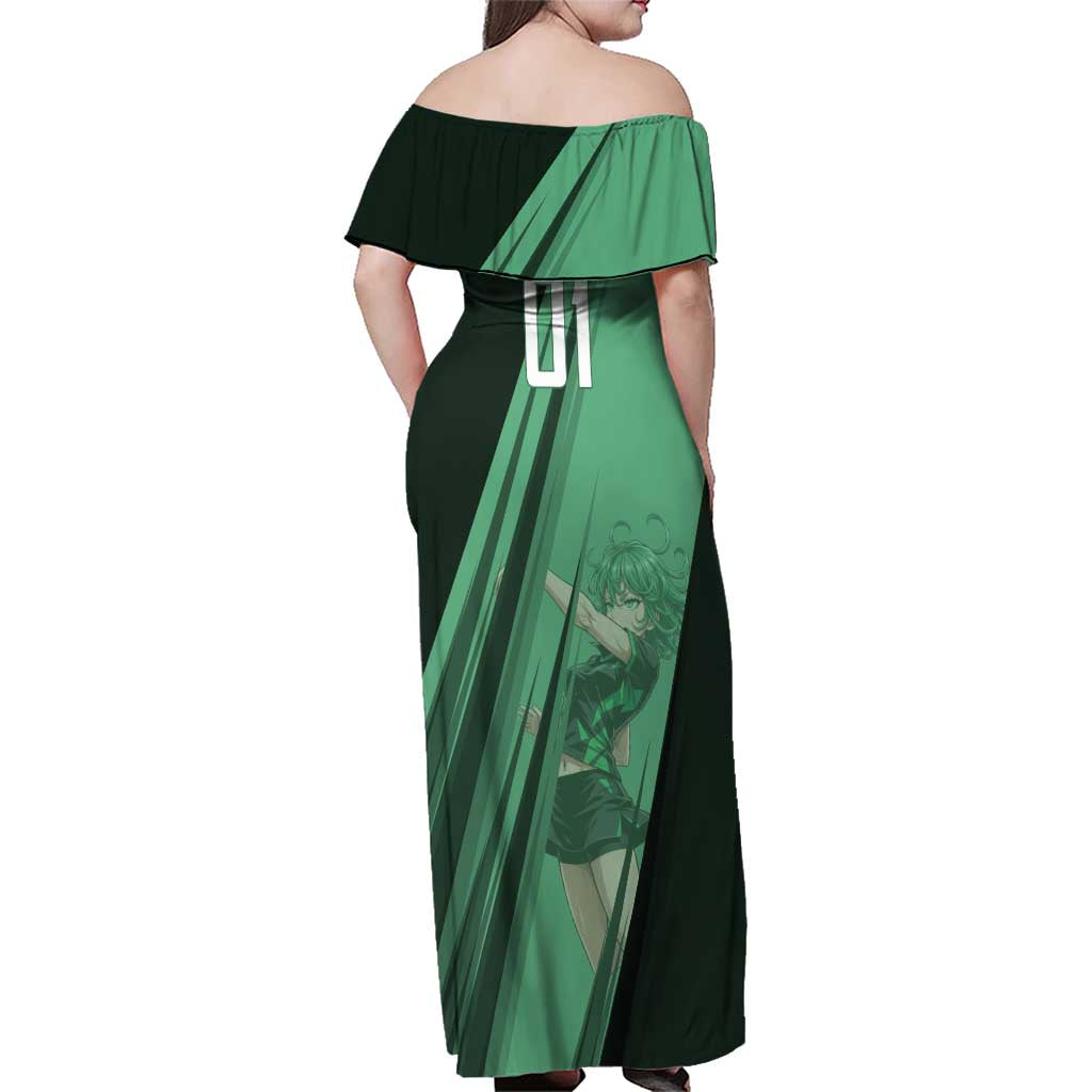 Personalized Tatsumaki Volleyball Design Family Matching Off Shoulder Maxi Dress and Hawaiian Shirt with Green Athletic Theme and Energetic Action Pose