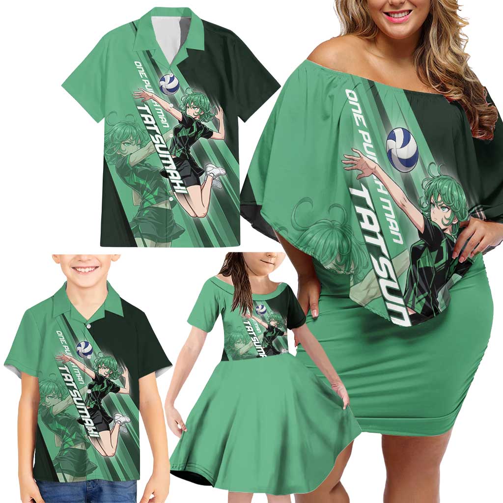 Personalized Tatsumaki Volleyball Design Family Matching Off Shoulder Short Dress and Hawaiian Shirt with Green Athletic Theme and Energetic Action Pose