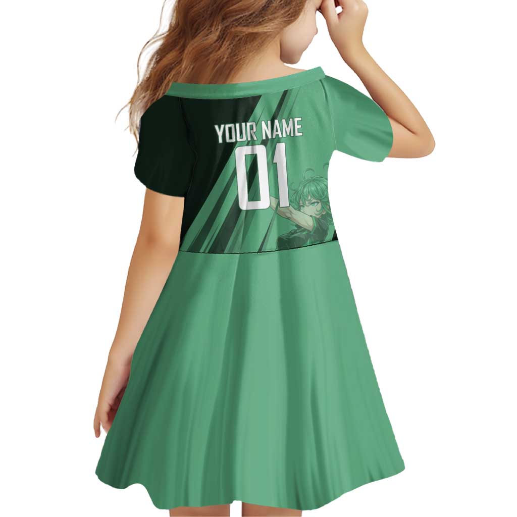 Personalized Tatsumaki Volleyball Design Family Matching Off Shoulder Short Dress and Hawaiian Shirt with Green Athletic Theme and Energetic Action Pose