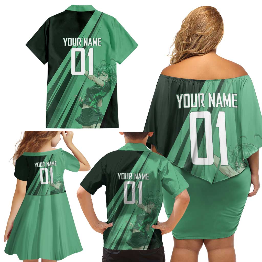 Personalized Tatsumaki Volleyball Design Family Matching Off Shoulder Short Dress and Hawaiian Shirt with Green Athletic Theme and Energetic Action Pose