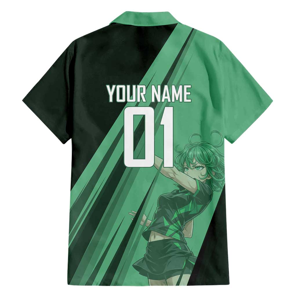 Personalized Tatsumaki Volleyball Design Family Matching Off Shoulder Short Dress and Hawaiian Shirt with Green Athletic Theme and Energetic Action Pose
