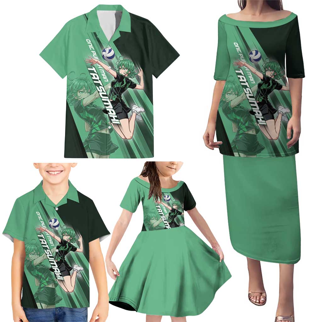 Personalized Tatsumaki Volleyball Design Family Matching Puletasi and Hawaiian Shirt with Green Athletic Theme and Energetic Action Pose