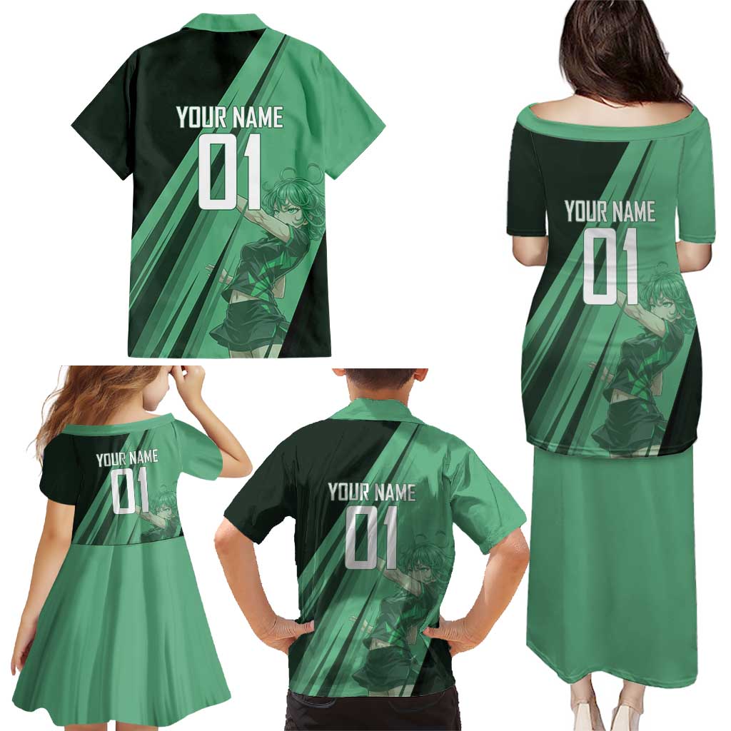 Personalized Tatsumaki Volleyball Design Family Matching Puletasi and Hawaiian Shirt with Green Athletic Theme and Energetic Action Pose