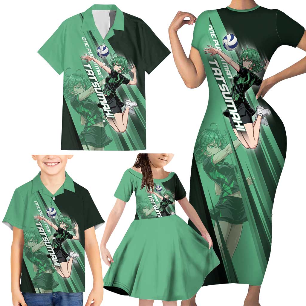 Personalized Tatsumaki Volleyball Design Family Matching Short Sleeve Bodycon Dress and Hawaiian Shirt with Green Athletic Theme and Energetic Action Pose