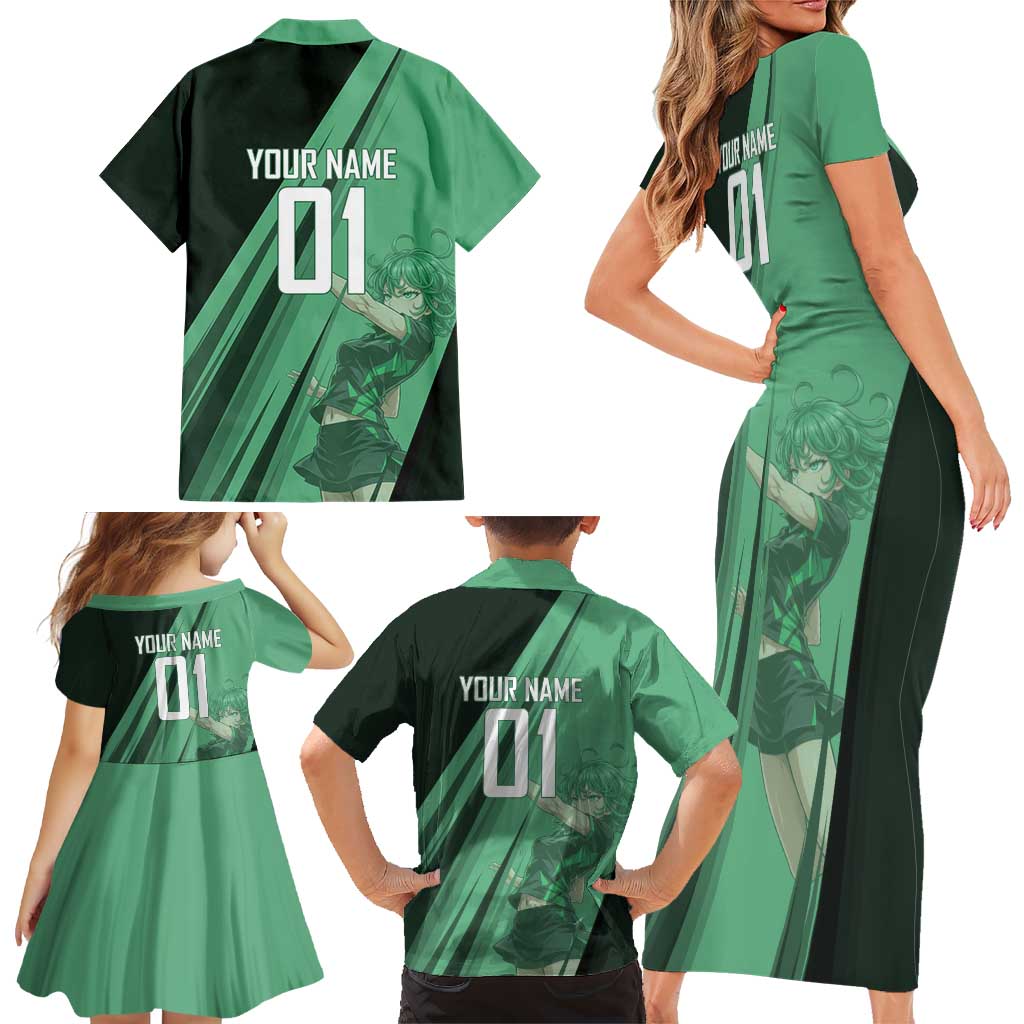 Personalized Tatsumaki Volleyball Design Family Matching Short Sleeve Bodycon Dress and Hawaiian Shirt with Green Athletic Theme and Energetic Action Pose