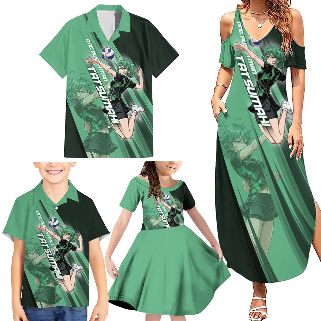 Personalized Tatsumaki Volleyball Design Family Matching Summer Maxi Dress and Hawaiian Shirt with Green Athletic Theme and Energetic Action Pose