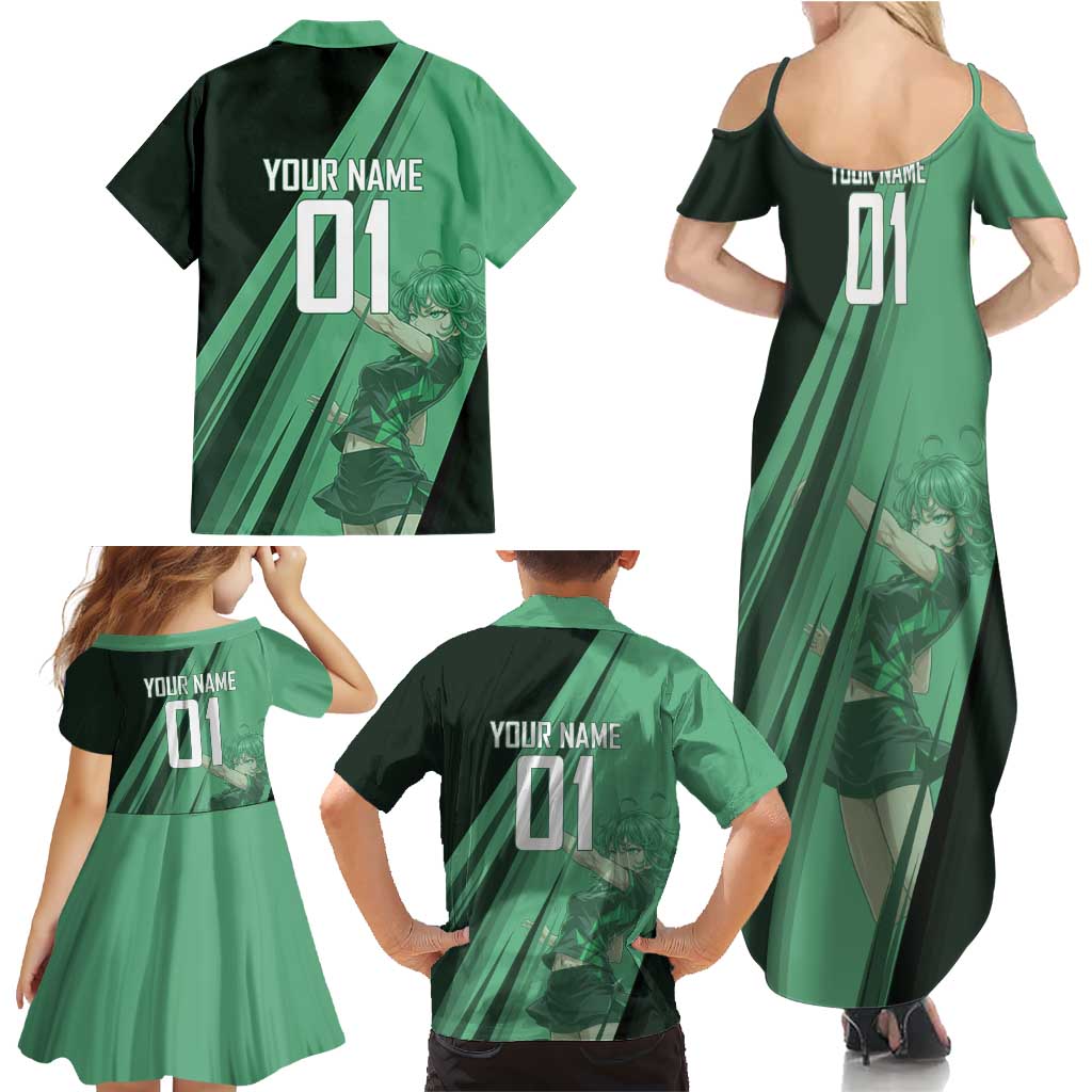 Personalized Tatsumaki Volleyball Design Family Matching Summer Maxi Dress and Hawaiian Shirt with Green Athletic Theme and Energetic Action Pose