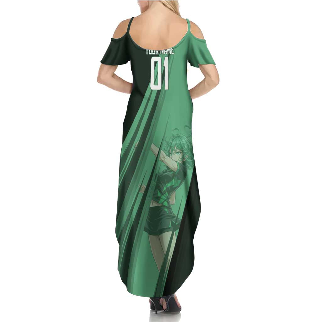 Personalized Tatsumaki Volleyball Design Family Matching Summer Maxi Dress and Hawaiian Shirt with Green Athletic Theme and Energetic Action Pose