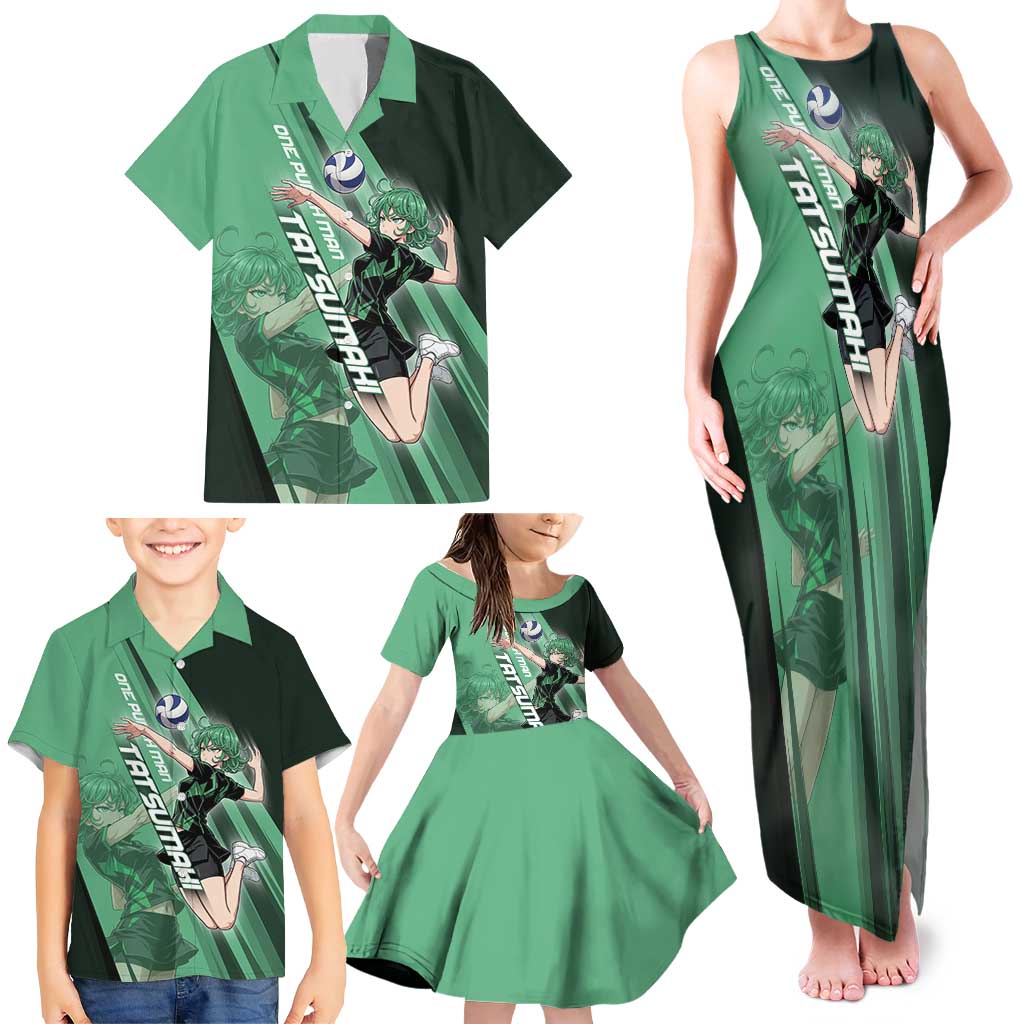 Personalized Tatsumaki Volleyball Design Family Matching Tank Maxi Dress and Hawaiian Shirt with Green Athletic Theme and Energetic Action Pose