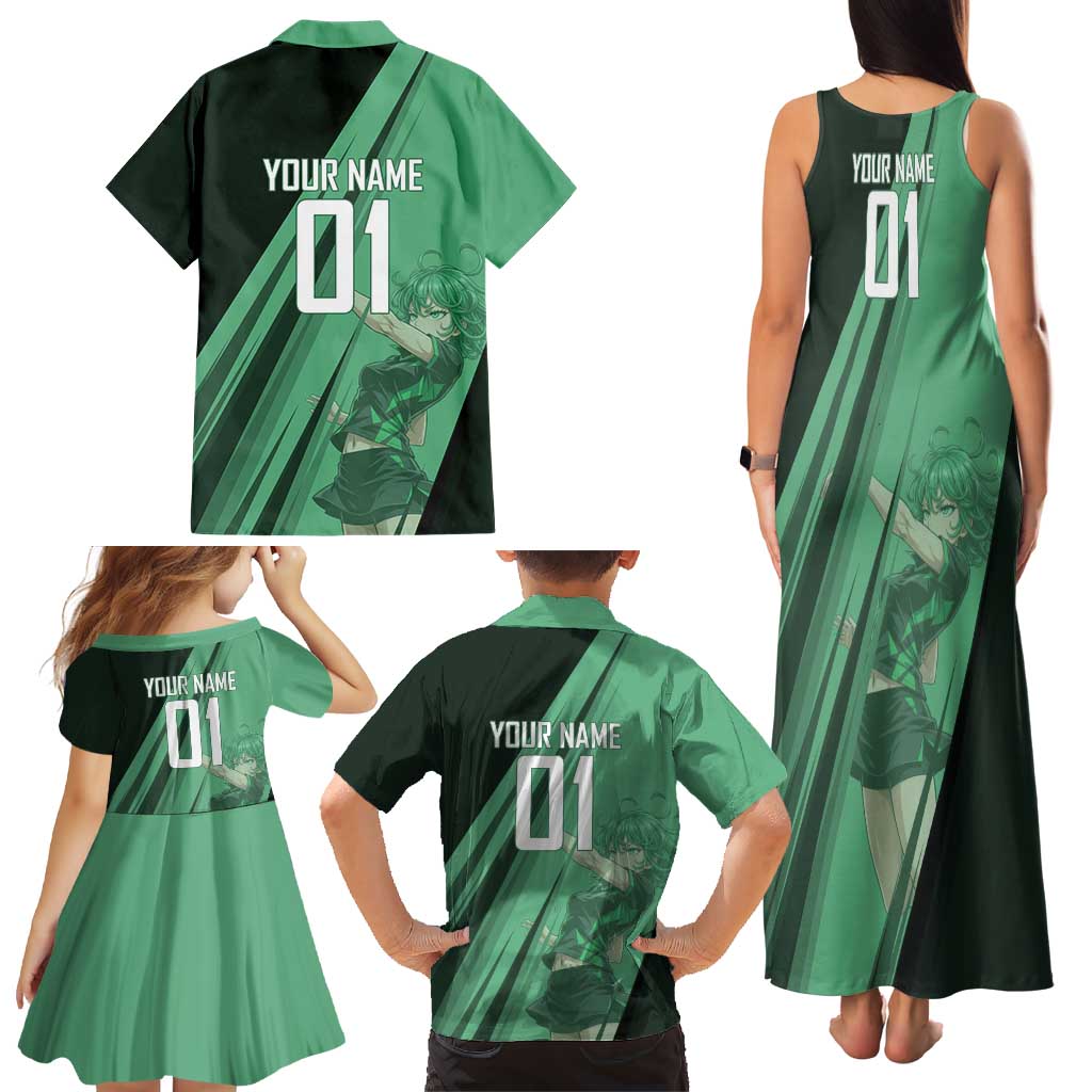 Personalized Tatsumaki Volleyball Design Family Matching Tank Maxi Dress and Hawaiian Shirt with Green Athletic Theme and Energetic Action Pose