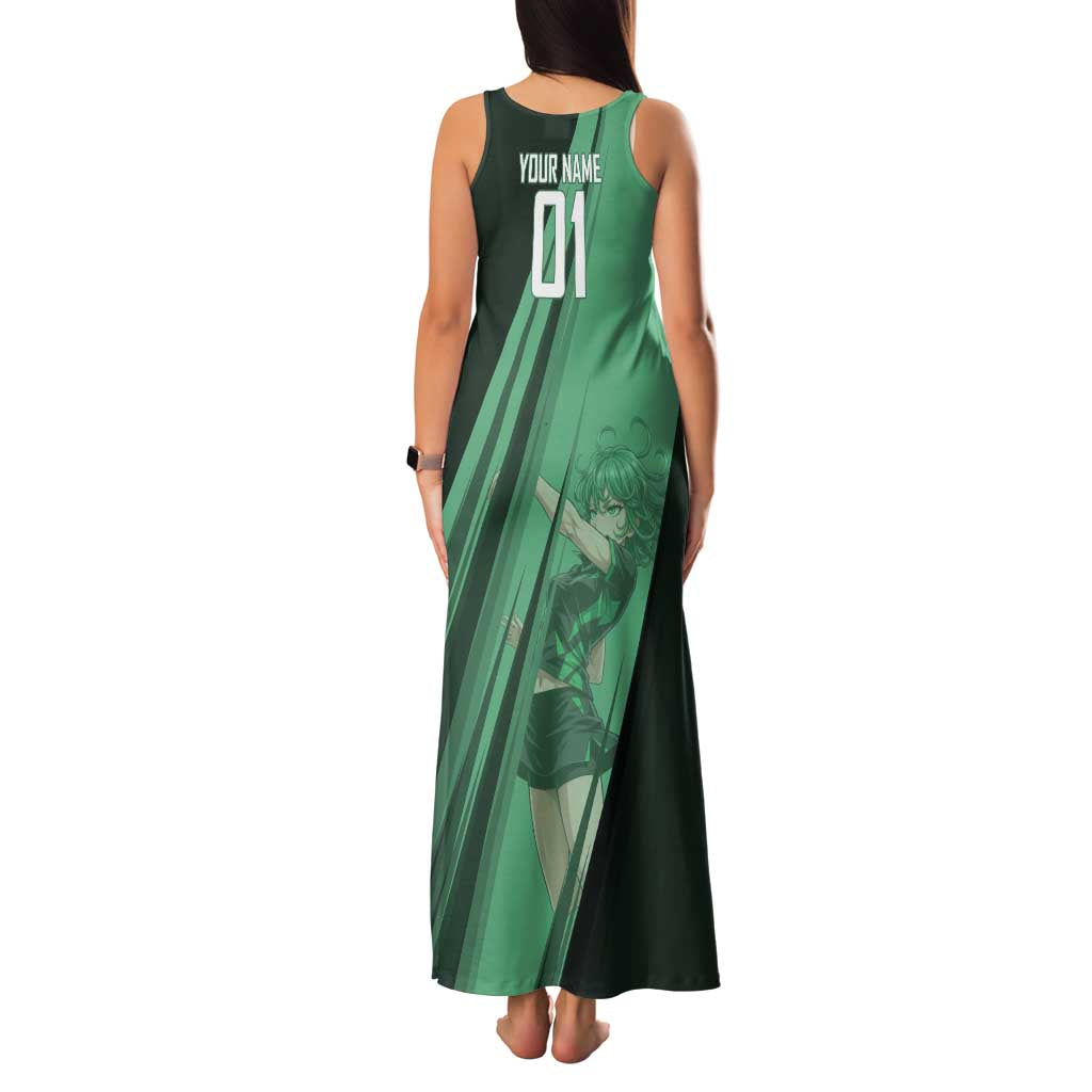 Personalized Tatsumaki Volleyball Design Family Matching Tank Maxi Dress and Hawaiian Shirt with Green Athletic Theme and Energetic Action Pose