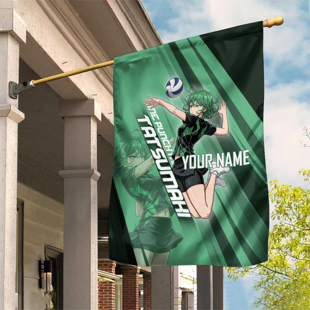 Personalized Tatsumaki Volleyball Design Garden Flag with Green Athletic Theme and Energetic Action Pose