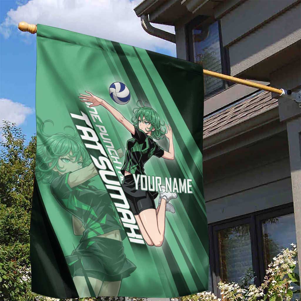 Personalized Tatsumaki Volleyball Design Garden Flag with Green Athletic Theme and Energetic Action Pose