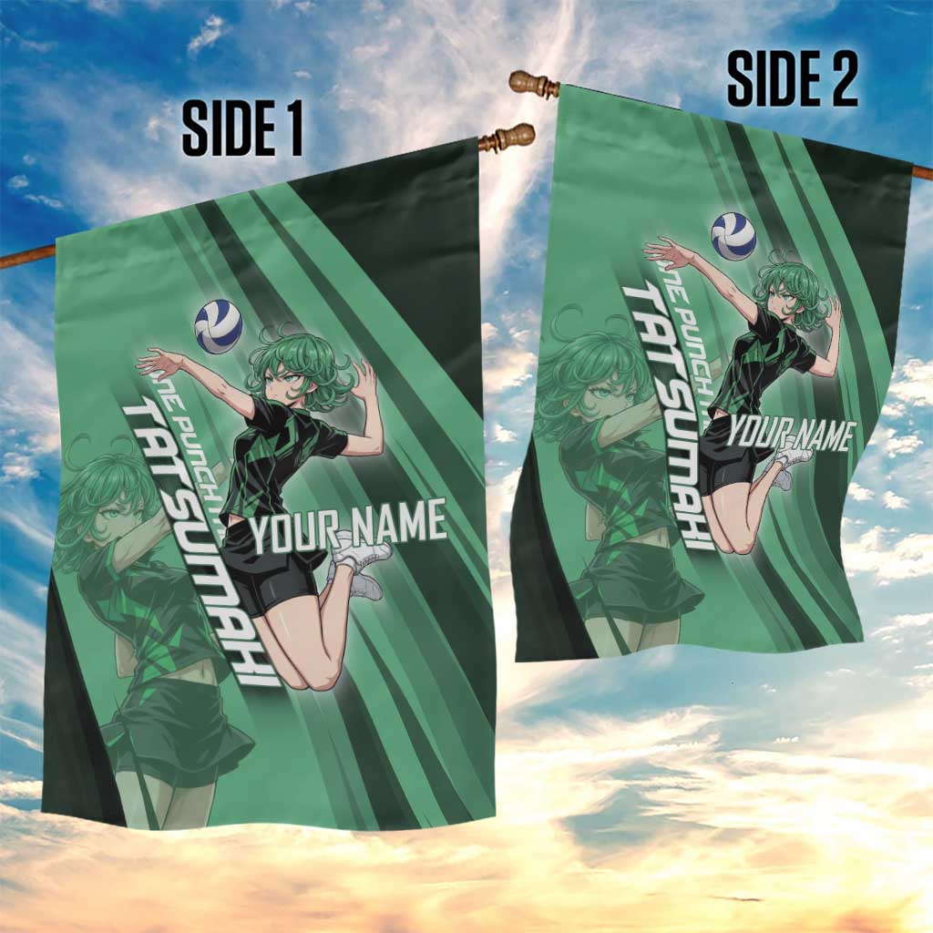 Personalized Tatsumaki Volleyball Design Garden Flag with Green Athletic Theme and Energetic Action Pose