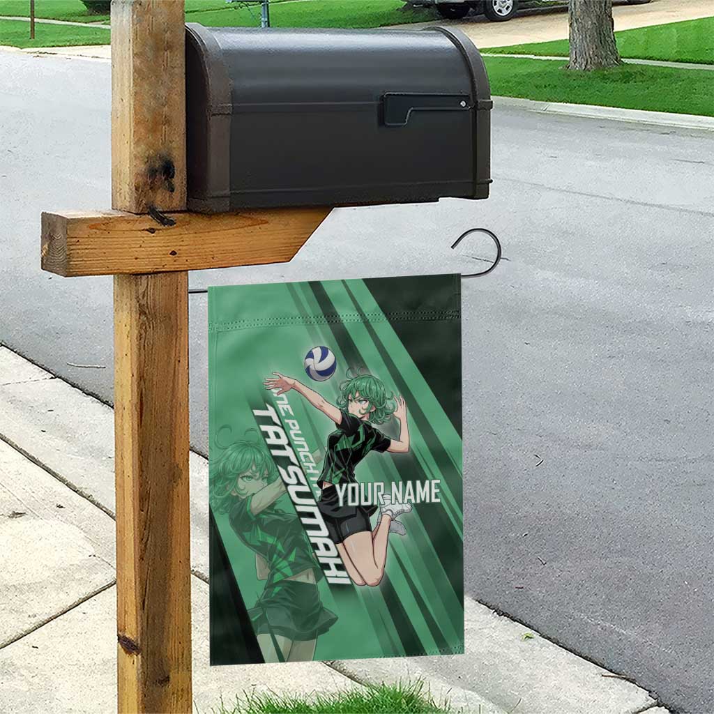 Personalized Tatsumaki Volleyball Design Garden Flag with Green Athletic Theme and Energetic Action Pose