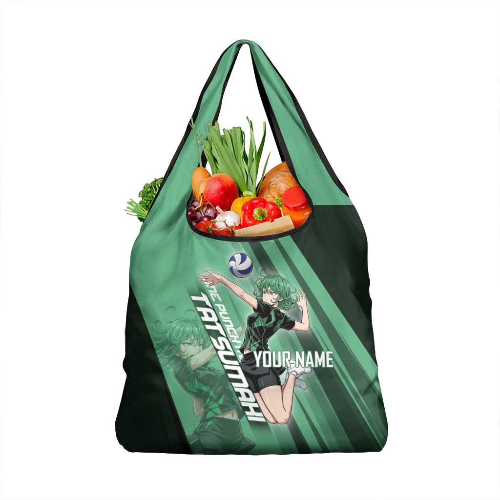 Personalized Tatsumaki Volleyball Design Grocery Bag with Green Athletic Theme and Energetic Action Pose