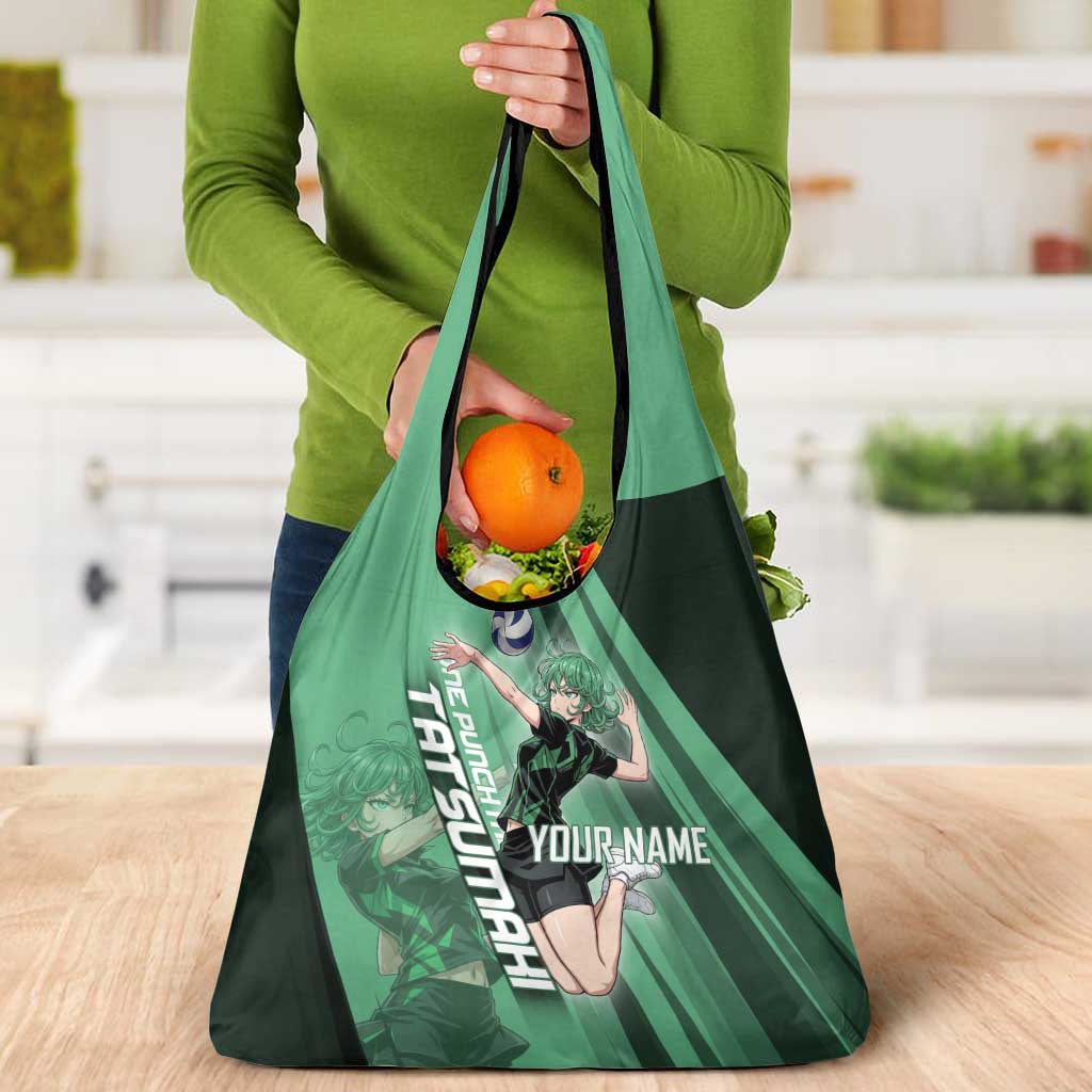 Personalized Tatsumaki Volleyball Design Grocery Bag with Green Athletic Theme and Energetic Action Pose