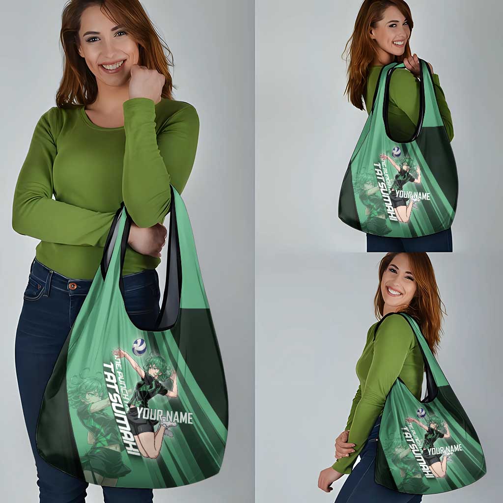Personalized Tatsumaki Volleyball Design Grocery Bag with Green Athletic Theme and Energetic Action Pose