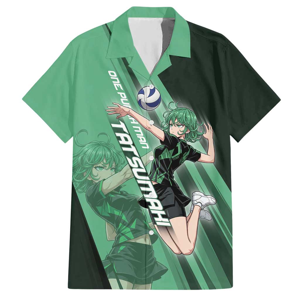 Personalized Tatsumaki Volleyball Design Hawaiian Shirt with Green Athletic Theme and Energetic Action Pose