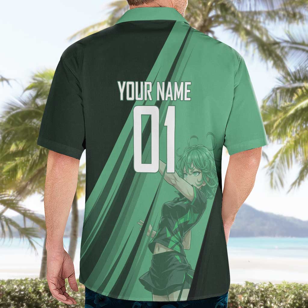 Personalized Tatsumaki Volleyball Design Hawaiian Shirt with Green Athletic Theme and Energetic Action Pose