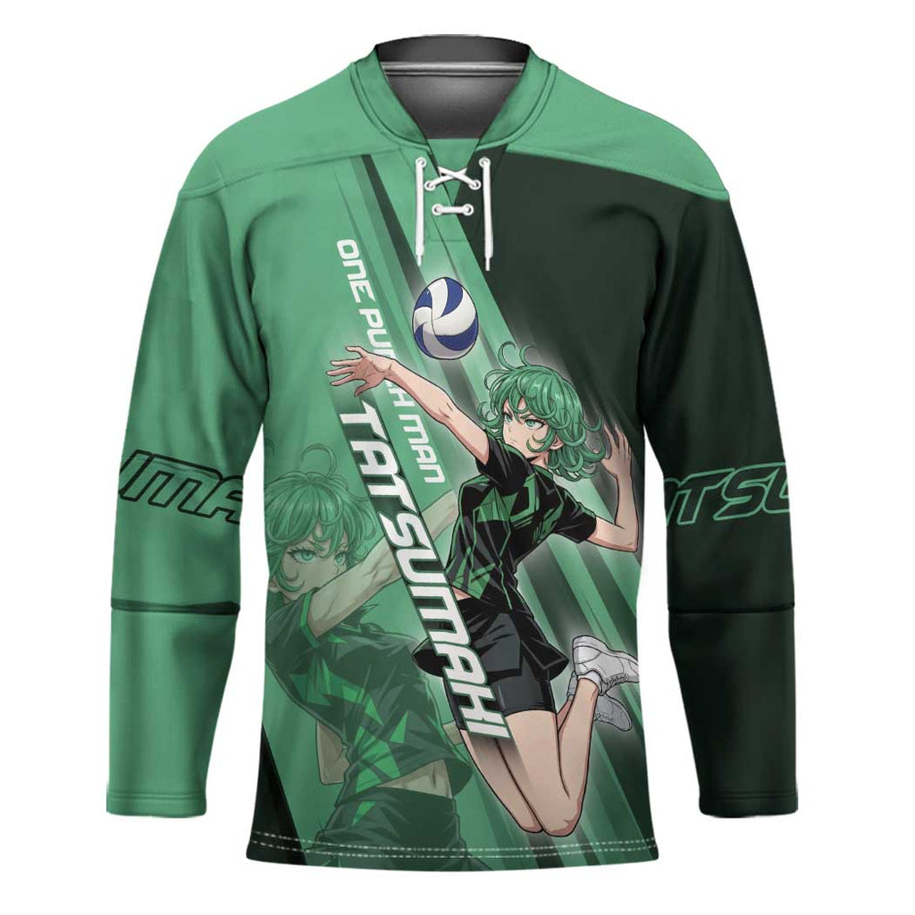 Personalized Tatsumaki Volleyball Design Hockey Jersey with Green Athletic Theme and Energetic Action Pose