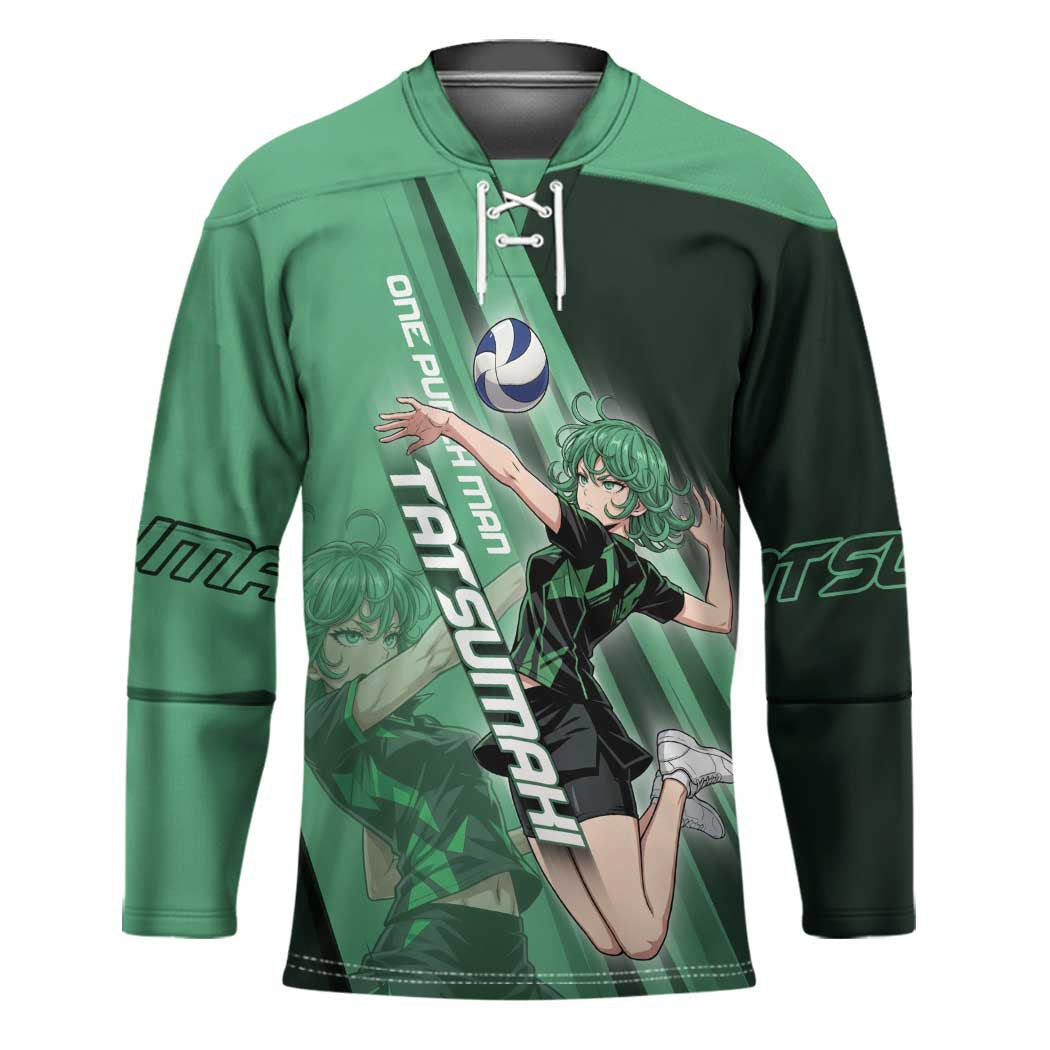 Personalized Tatsumaki Volleyball Design Hockey Jersey with Green Athletic Theme and Energetic Action Pose