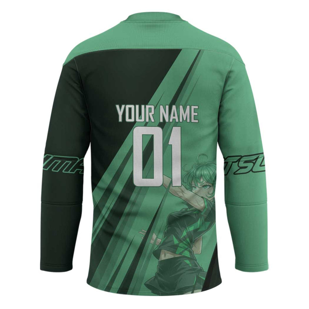 Personalized Tatsumaki Volleyball Design Hockey Jersey with Green Athletic Theme and Energetic Action Pose