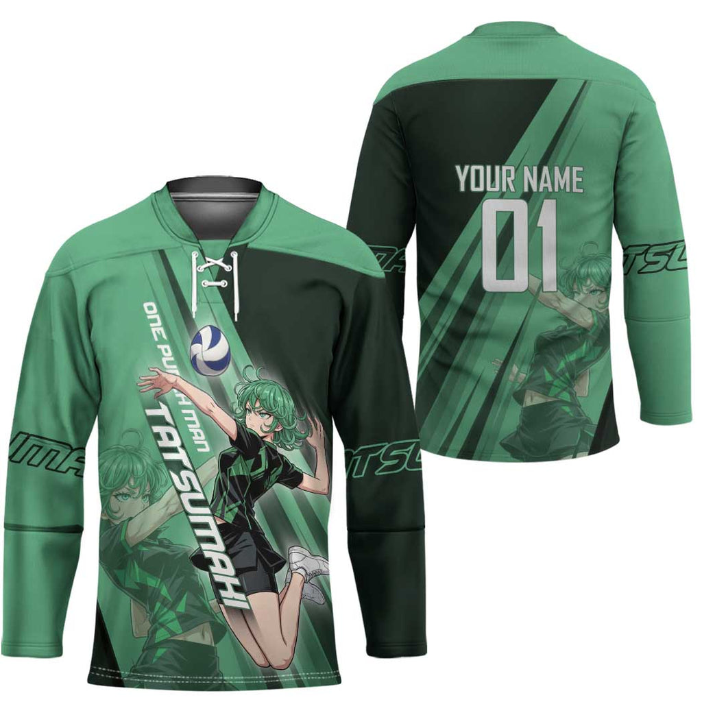 Personalized Tatsumaki Volleyball Design Hockey Jersey with Green Athletic Theme and Energetic Action Pose