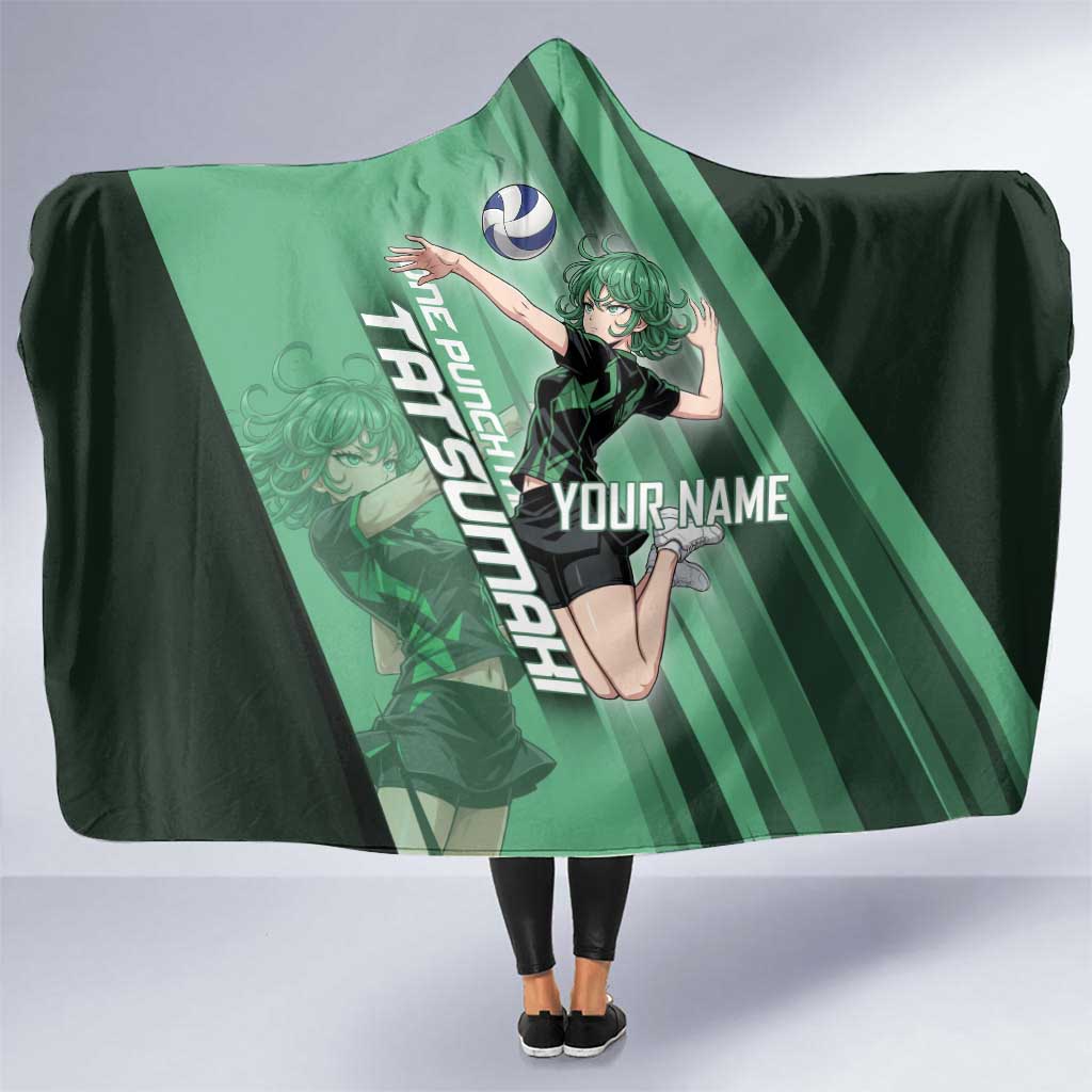 Personalized Tatsumaki Volleyball Design Hooded Blanket with Green Athletic Theme and Energetic Action Pose