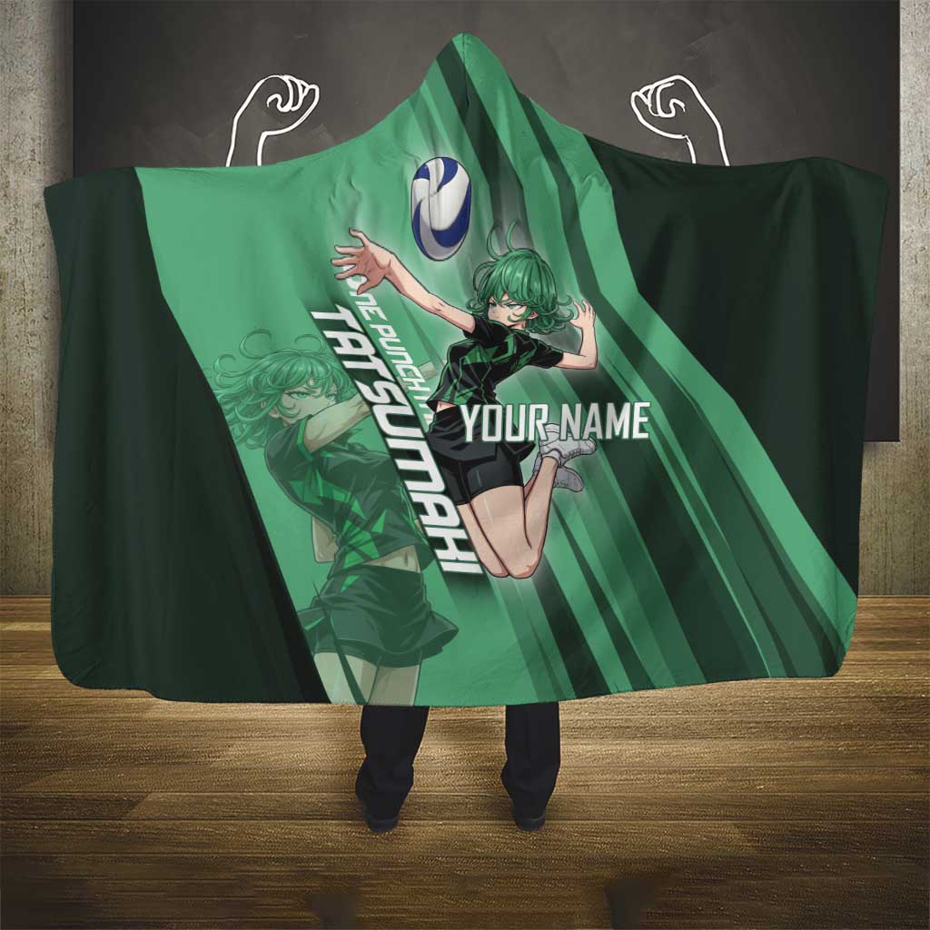 Personalized Tatsumaki Volleyball Design Hooded Blanket with Green Athletic Theme and Energetic Action Pose