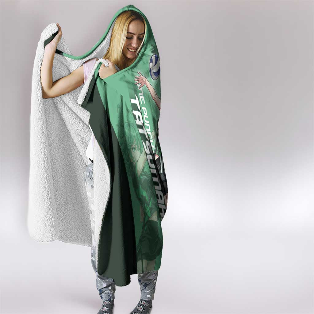 Personalized Tatsumaki Volleyball Design Hooded Blanket with Green Athletic Theme and Energetic Action Pose